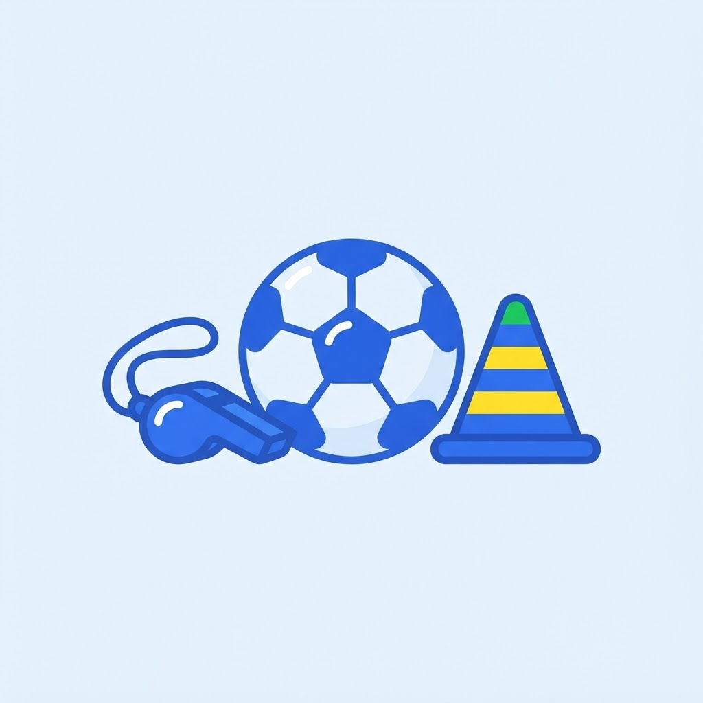 Ilustración de un silbato, conos de entrenamiento y un balón