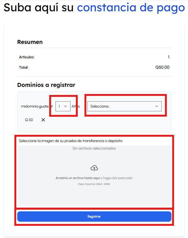 Formulario de pago de Dominios.gt